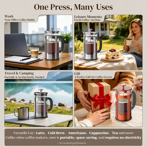 Miniatura 3 de Veken Cafetera de prensa francesa de 34 onzas, cafetera sin contacto de plástico, cafetera de acero inoxidable de vidrio grueso, cafetera de Pieltre