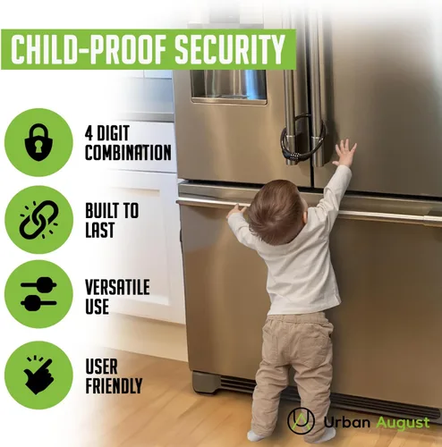 Miniatura 3 de Urban August Cerradura de refrigerador para niños y adultos, cerradura de refrigerador de 4 dígitos para refrigeradores de puerta francesa