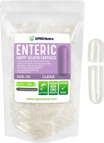 XPRS Nutra Cápsulas vacías de tamaño 00 – 100 cápsulas vacías de gelatina con revestimiento entérico transparente – Píldoras de liberación retardada