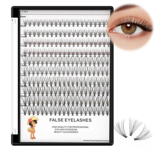 Miniatura 11 de Bodermincer Caja grande de 200 pestañas postizas 10D, 8-10-0.472-0.551 in mixtas de maquillaje profesional individual racimo pestañas postizas