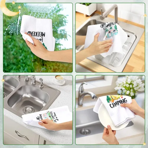 Miniatura 5 de Vansolinne Juego de 4 toallas de cocina para camping, juego de toallas de mano de cocina blancas impresas con frases divertidas, regalos novedosos