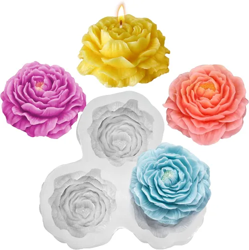 Miniatura 8 de Juego de 3 moldes de vela de peonía para hacer velas, juego de moldes de silicona 3D grandes + medianos + pequeños para fundición de resina epoxi, 3