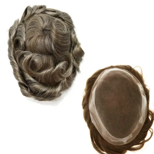 Miniatura 27 de Peluca de cabello humano monofilamento fino para hombre tipo tupé de polietileno alrededor del sistema de cabello, peluca duradera de monofilamento