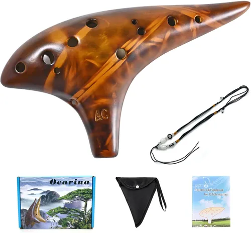 Miniatura 8 de Ocarina de 12 agujeros Alto C de paja, cerámica ahumada, piccolo, instrumento musical para adultos con libro de canciones y bolsa para el cuello