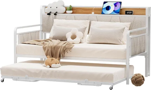 Miniatura 10 de Sofá cama individual con nido, moderno sofá cama individual, marco de cama de metal resistente con cabecera tapizada para sala de estar, dormitorio