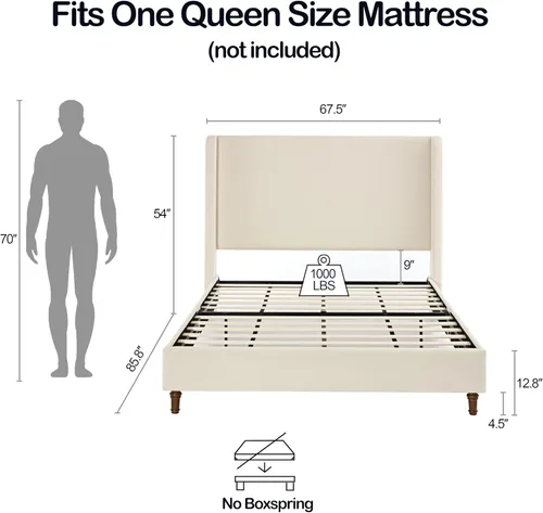 Miniatura 2 de Base de cama tapizada tamaño Queen, cabecera acolchada de 54" con respaldo geométrico, plataforma tapizada para dormitorio de niños, adolescentes