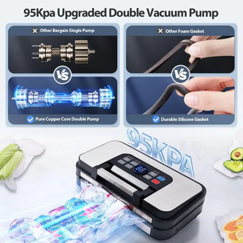 Miniatura 3 de Sellador al vacío Precision Pro de 95 Kpa, con doble sellado térmico y doble bomba para alimentos secos/húmedos, 2 veces más fuerza, máquina