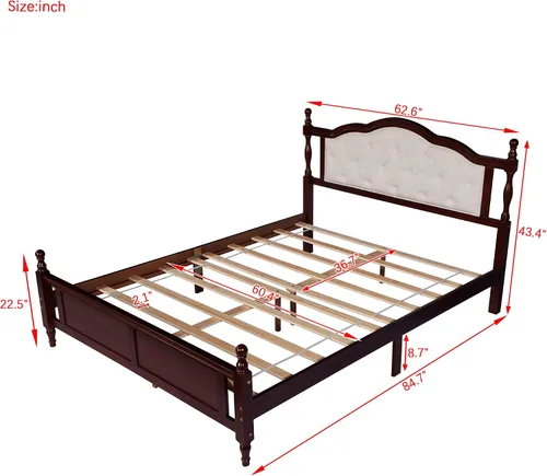 Miniatura 2 de Flieks Cama de plataforma tamaño Queen, cama de madera de pino con cabecero y estribo tapizados, con dos pies de soporte de riel de cama y pies