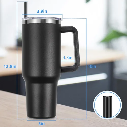 Miniatura 6 de DOMICARE Vaso de 40 oz con asa y pajita, vaso de acero inoxidable con tapa y pajita, reutilizable, aislado al vacío, taza para café de viaje