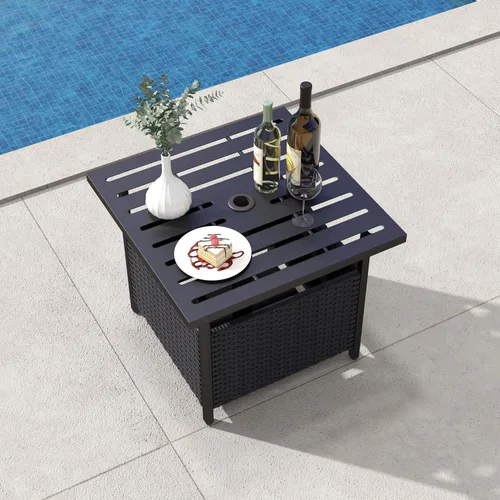 Miniatura 2 de LDAILY Mesa de patio con agujero para paraguas, 22 pulgadas de profundidad x 22 pulgadas de ancho, mesa de mimbre de ratán de polietileno, mesa