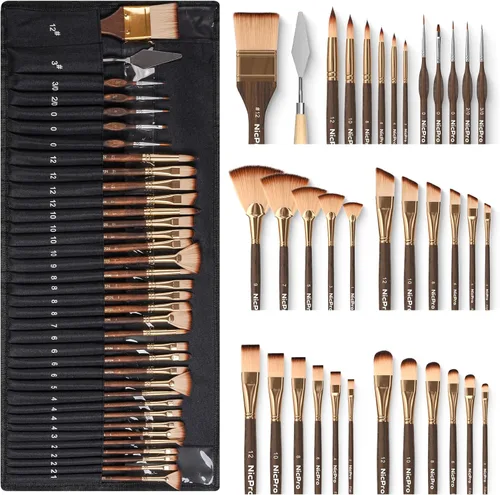 Nicpro Juego de 36 pinceles de pintura, pinceles profesionales con espátula y rollo de tela, adecuado para pintura acrílica, óleo, acuarela,