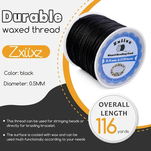 Miniatura 2 de Cuerda de pulsera de cordón encerado de 0.020 in, cuerda de hilo de cuentas de 116 yardas para pulsera, cadena de cordón encerada para hacer Negro