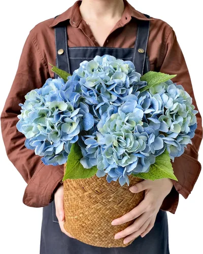JINWOE Flores artificiales de hortensias de color azul claro, 4 piezas de 21 pulgadas de látex de tacto real vintage realistas, ramo de hortensias