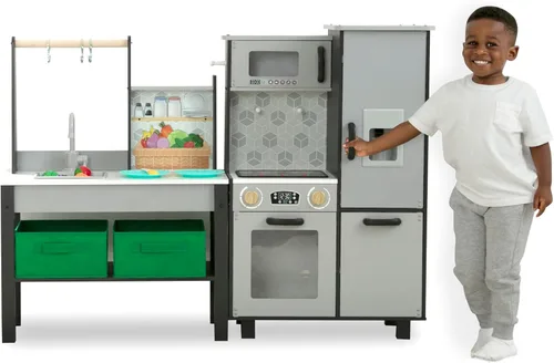 Delta Children - Cocina de juguete Gourmet Todo en Uno de Rincón - Juego de cocina con estufa segura y sin calor con luces, horno, fregadero, Gris