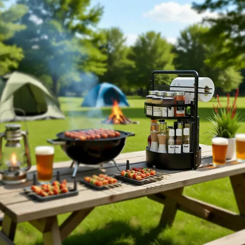 Miniatura 8 de JEESA Organizador Lazy Susan, estante giratorio de metal de 360° para especias con soporte para toallas de papel, soporte giratorio para Negro