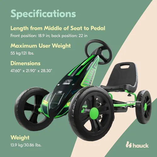 Miniatura 5 de Hauck Cyclone Junior Racing Go Kart con llantas de 12 pulgadas, pedales estilo carrera y freno de 8 bolas, verde lima - Juguete de paseo para niños