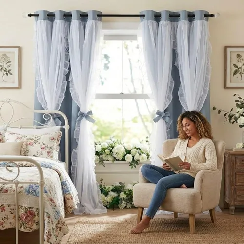 Miniatura 41 de PONY DANCE Cortinas con Volantes de Doble Capa con Superposición Transparente, Decoración Elegante para Ventanas de Diseño Rústico Francés de Campo