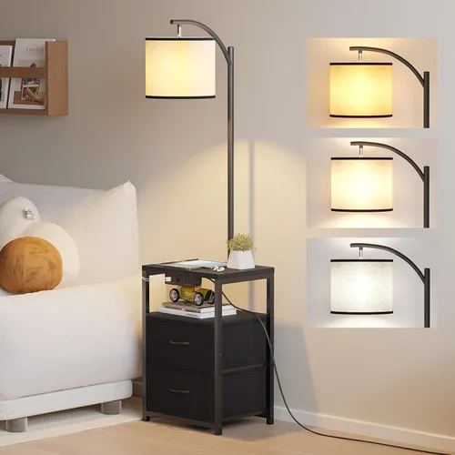 SUNMORY Lámpara de pie con mesa y 2 cajones, lámpara con puerto USB y toma de corriente, lámparas para mesita de noche con bombilla LED de 3 Negro