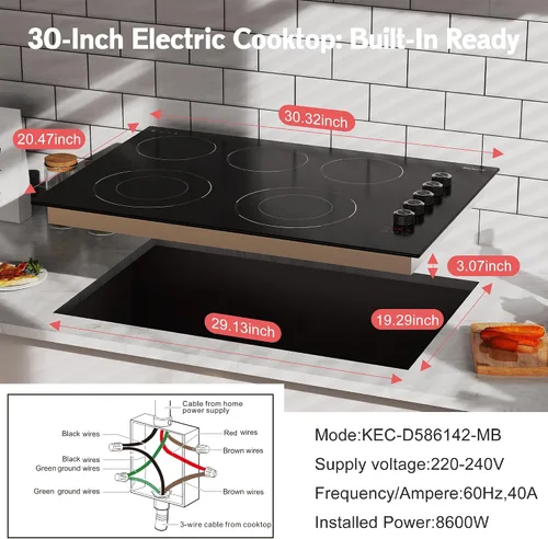 Miniatura 8 de Placa eléctrica de 30 pulgadas, 5 quemadores Karienvir, estufa eléctrica integrada de 8600 W, estufa de 30 pulgadas con quemador de doble anillo