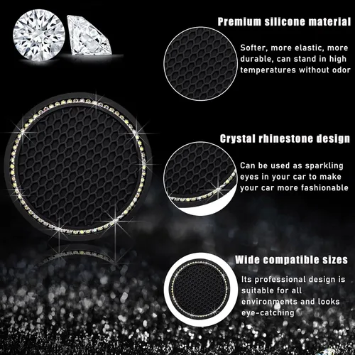 Miniatura 3 de Dickno 2 piezas de portavasos brillantes para automóvil, portavasos de inserción para taza de automóvil de 7 cm con diamantes de imitación, tapete