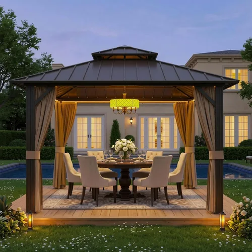 Miniatura 3 de Glorieta de Techo Duro de 10'x10' para Exteriores, Glorieta de Patio de Aluminio con Doble Techo, Toldo de Acero Galvanizado con Malla y Cortinas