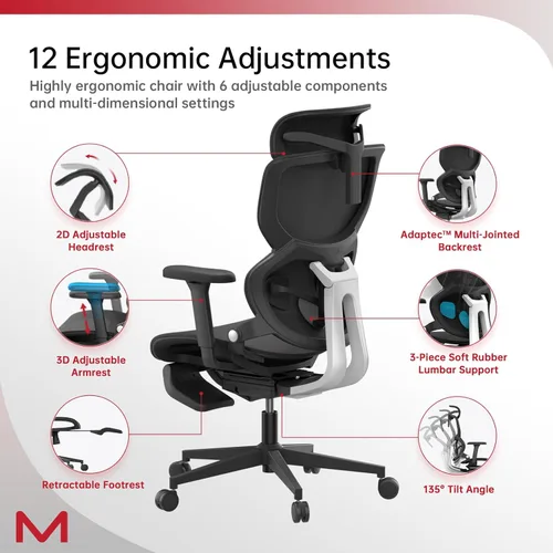 Miniatura 7 de Silla de oficina ergonómica de malla con reposapiés, silla ejecutiva de oficina en casa con soporte lumbar, silla ergonómica