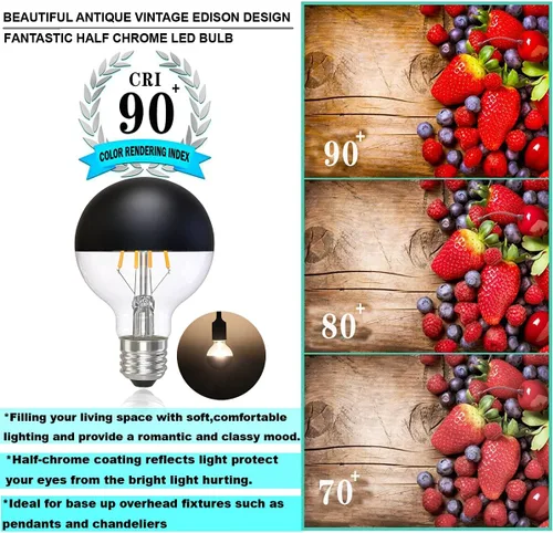 Miniatura 6 de Bombilla media cromada, regulable de 6 W (equivalente a 60 vatios), bombillas LED Edison G25/G80, mitad negra, forma de globo, 2700 K, blanco