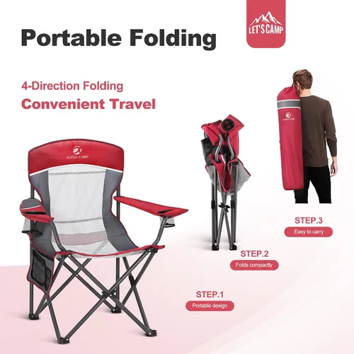 Miniatura 8 de LET'S CAMP Silla de campamento con respaldo de malla, portátil, plegable, resistente, soporte para exteriores, 330 libras, silla de brazo grande Rojo