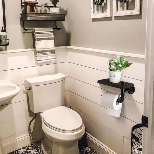 Miniatura 4 de Soporte de papel higiénico con estante, colgador industrial de papel higiénico montado en la pared con estante de madera rústica para baño, baño