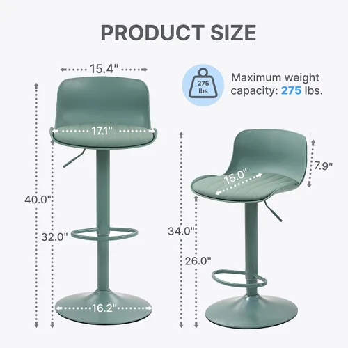 Miniatura 3 de Juego de 2 taburetes de bar modernos con giro de 360°, altura ajustable para isla de cocina y encimera, asientos tapizados de piel sintética verde