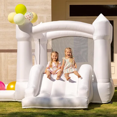 Outfunny - Casa hinchable blanca con tobogán, casa hinchable interior para niños de 3 a 8 años con pozo de bolas, área de rebote de 6.5 x 6.5 pies,