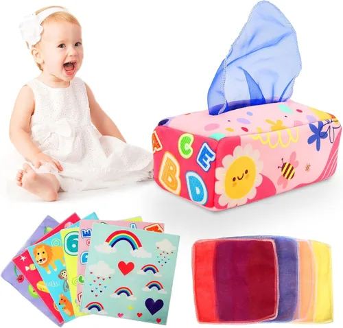 Miniatura 9 de YOGINGO Juguetes para bebés de 6 a 12 meses – Caja de pañuelos Montessori para bebés de 6 a 12 meses, suave relleno de alto contraste, juguetes