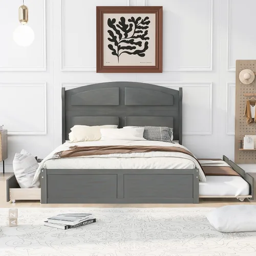 Miniatura 11 de Cama de plataforma de madera de tamaño individual con cabecera en forma de casa, soporte de listones de madera, para dormitorio de niños, niñas