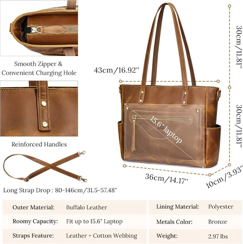 Miniatura 4 de S-ZONE Bolso de mano de cuero genuino para mujer, bolso de hombro grande, bolso de trabajo cruzado vintage