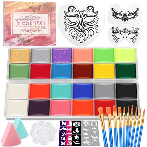 Kit de pintura facial para fiesta de niños, kit de pintura facial de 22 colores, incluye bandeja de pintura, esponjas, pinceles y plantillas, kit de