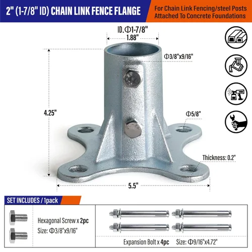 Miniatura 2 de 2Pack 2"(Actual: 1 7/8" DE) Soporte de base de poste de valla de eslabones de cadena con brida galvanizada