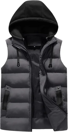 Miniatura 13 de WENKOMG1 Chaleco con capucha con doble cremallera para hombre, abrigo de color sólido, abrigo cálido y grueso, sin mangas, chaqueta suelta