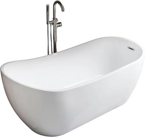 Miniatura 8 de WOODBRIDGE Bañera de acrílico independiente de 59 pulgadas, bañera blanca de remojo contemporáneo con desbordamiento y drenaje de níquel cepillado