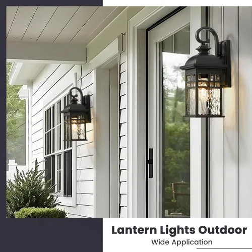 Miniatura 5 de Farol de pared exterior de aluminio negro con vidrio ondulado de agua, impermeable, luces de porche para puerta de patio, paquete de 2 enchufes E26