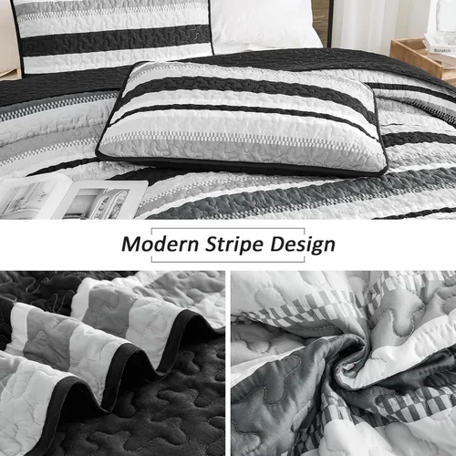 Miniatura 5 de WONGS BEDDING Juego de Edredón Full, Juego de Colcha y Cubrecama de 3 Piezas a Rayas Negras, Edredones Ligeros de Verano Tamaño Full para Cama