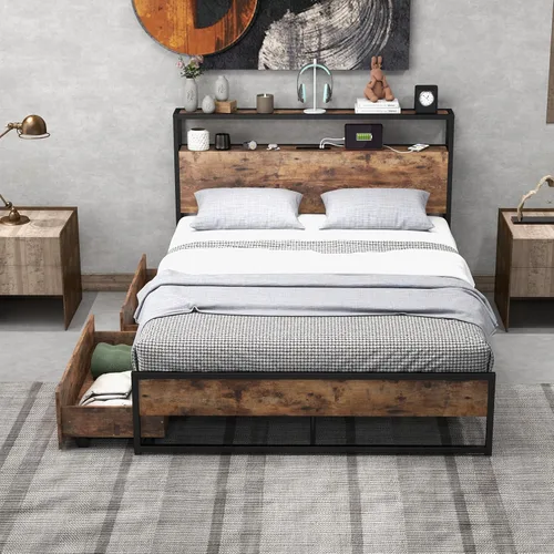 Miniatura 12 de Giantex Base de cama Queen con cabecero de luces LED y 4 cajones de almacenamiento, plataforma de metal con enchufes y puertos USB, estación