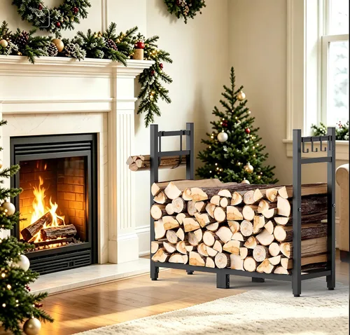 Miniatura 2 de Brightown Estante de leña de 34 pulgadas para interiores con portador de troncos, estante de madera para leña, almacenamiento de madera de fuego