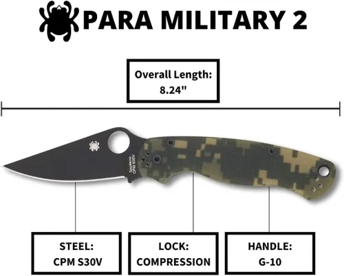 Miniatura 5 de Spyderco Para Military 2 Signature - Cuchillo de camuflaje con hoja de acero negro CPM S30V de 3.42 pulgadas y mango G-10 duradero, borde liso