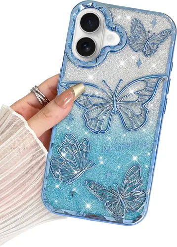 Miniatura 48 de BITOBE Diseñada para iPhone 15 Pro Max, bonita funda de mariposa 3D chapada en purpurina delgada para mujeres y niñas, protección de cámara, Negro