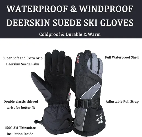 Miniatura 3 de SKYDEER 100% Waterproof and -40F Cold Proof Genuine Deerskin Suede Leather Ski Gloves for Extreme Cold Condition (SD8650T)
