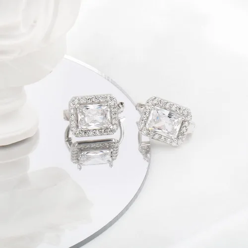 Miniatura 6 de White Gold Plated 925 Sterling Silver Small CZ Halo Huggie Hoop Earrings Rectangle