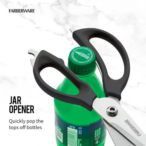 Miniatura 6 de Farberware Tijeras de cocina 4 en 1 con mango negro, tijeras de acero inoxidable de alto carbono con abridor de botellas, abridor de tarros