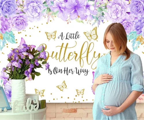 Miniatura 2 de Telón de fondo morado floral de mariposa para baby shower, lavanda con texto en inglés "A Little Butterfly is On The Way", telón de fondo
