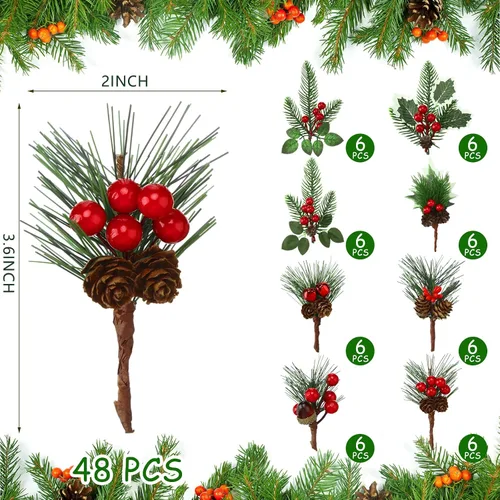 Miniatura 2 de 48 piezas de púas y aerosoles de Navidad para árbol de Navidad, púas florales de acebo rojo bayas en aerosol para manualidades, ramas de pino vívido