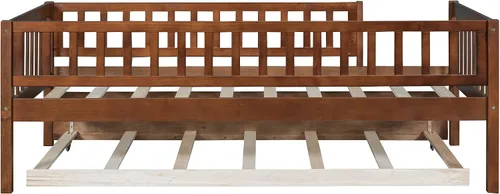 Miniatura 9 de Base de cama de tamaño individual con barandillas nido y valla para niños, adolescentes y adultos, soporte de listones de madera, no necesita Nuez